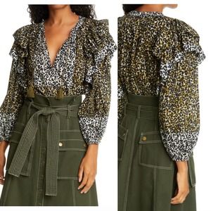 Ulla Johnson Carissa Leopard Ruffle Cotton Blouse
